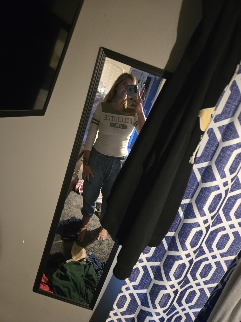 Hollister Cream Long Sleeve Tee with Green Stripe Accents